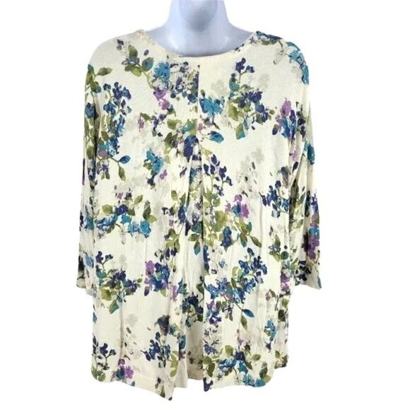 J. Jill Floral Cardigan Cream Purple Button Up 3/4 Sleeve Flared Hem Size S - Picture 2 of 8